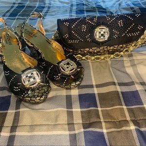 Exquis Italian Design Black & Gold Hand Bag & Shoe